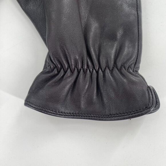 Vintage Womens Leather Gloves Sz L Black Fleece Lined Gathered Wrist - Picture 2 of 5